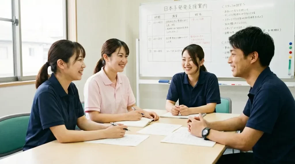 児童発達支援スタッフ間のコミュニケーション風景