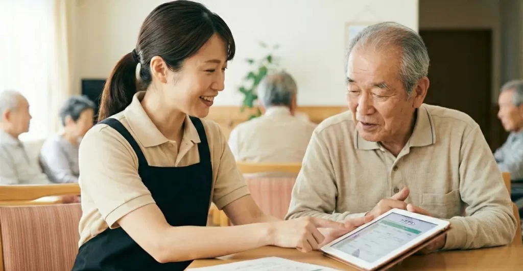 利用者にケアプランの説明をするケアマネジャー